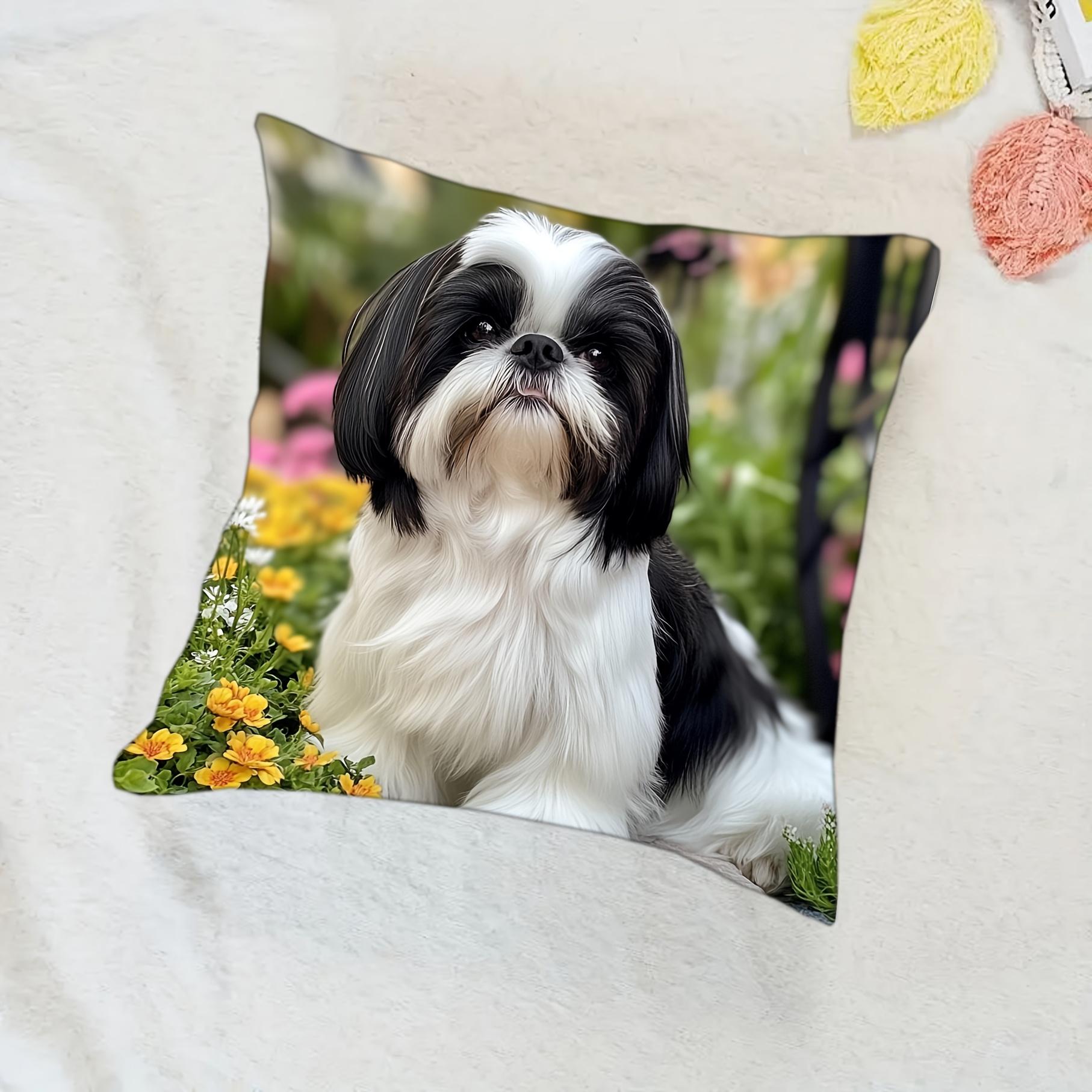 Cute Shih Tzu Dog Print Throw Pillow Cover Realistic Black And White Shih Tzu Themed Cushion Case For Home Couch Decor Peach skin 18*18(CM)-1Pcs