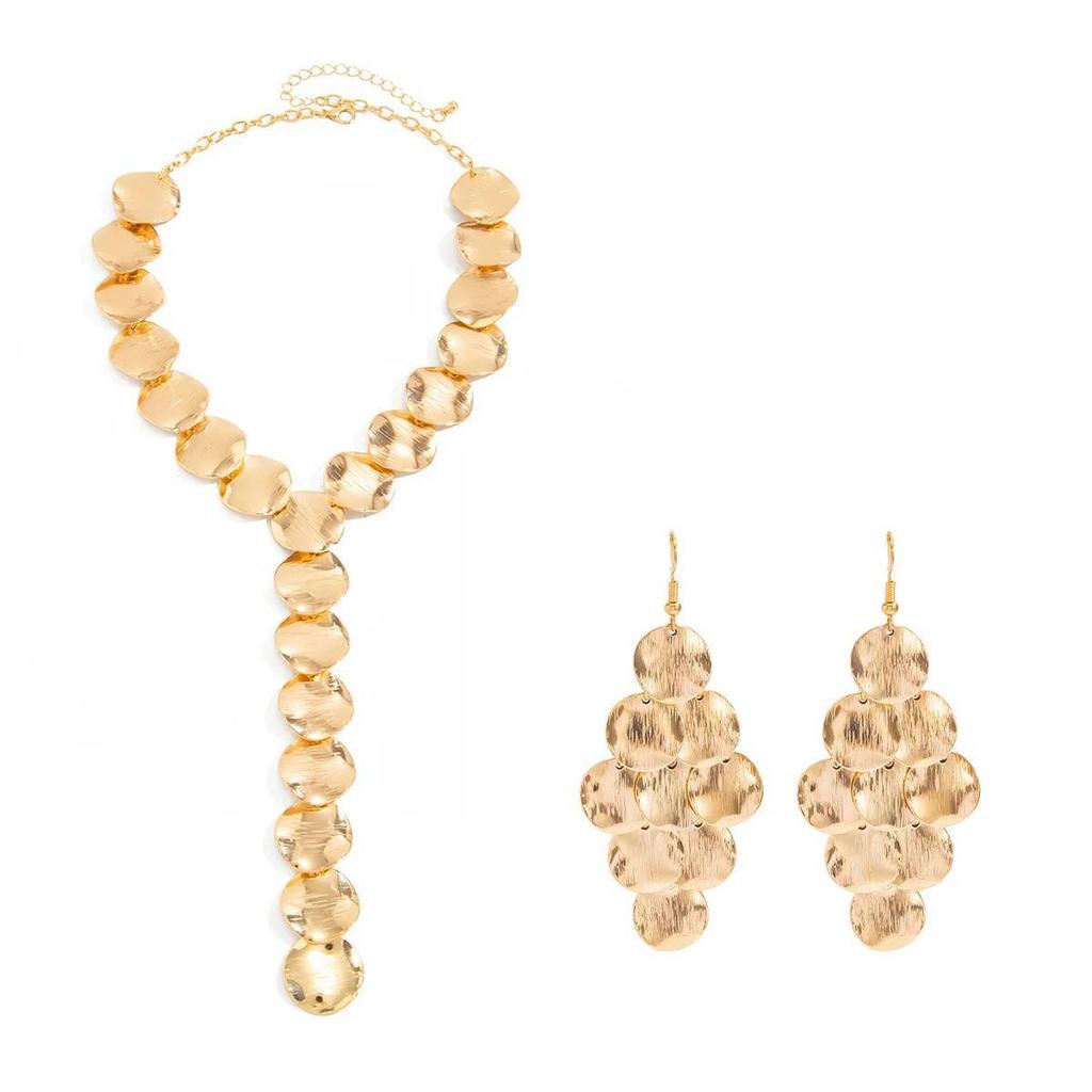 Ingemark Elegant Metal Sequins Long Chain Pendant Necklace Drop Earrings Jewelry Set for Women New Party Luxury Neck Accessories
