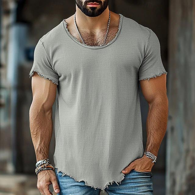 Mens Solid Color Frayed Hem Slim Fit Short Sleeve T Shirt