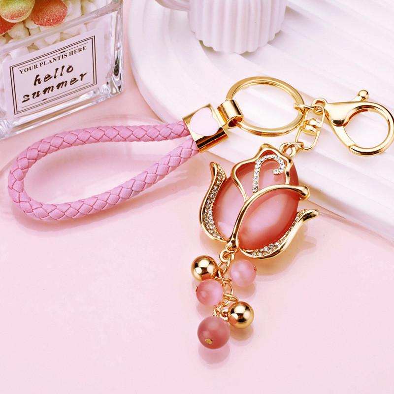 Charming Water Drill Moonstone Tulip Car Keychain For Women With Floral Design
