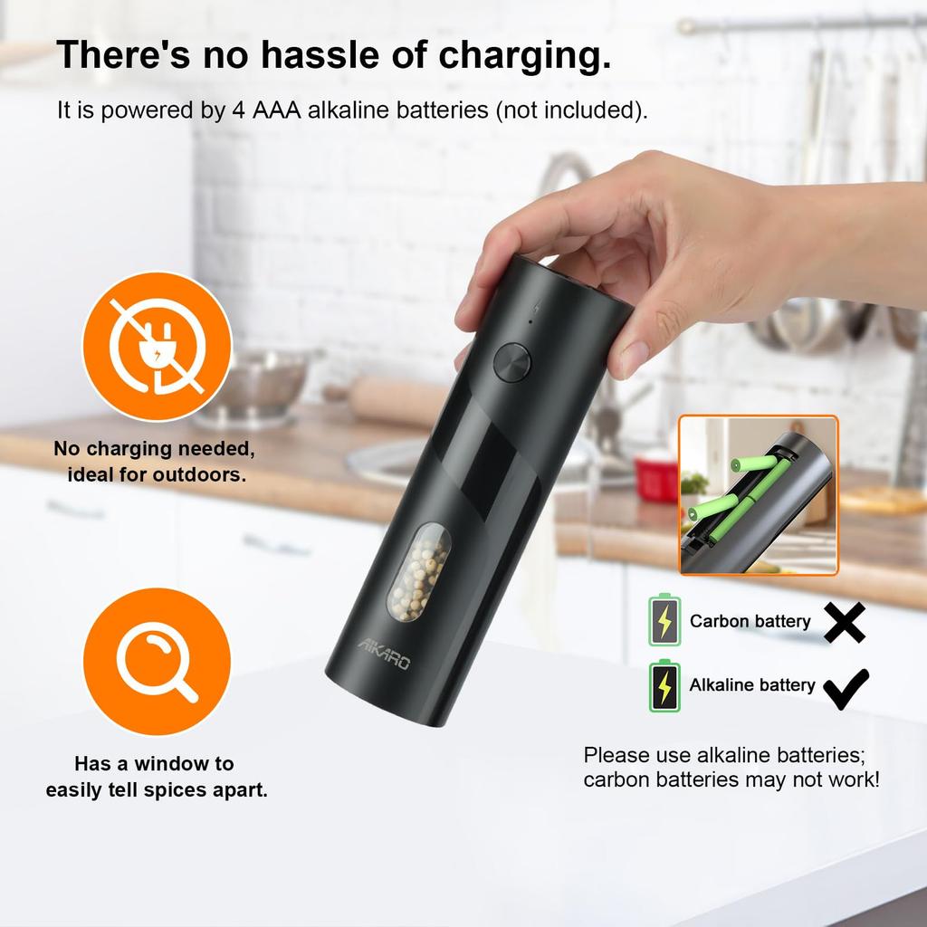AIKARO - Electric Salt and Pepper Mill, Automatic Spice Grinder, Battery Operated