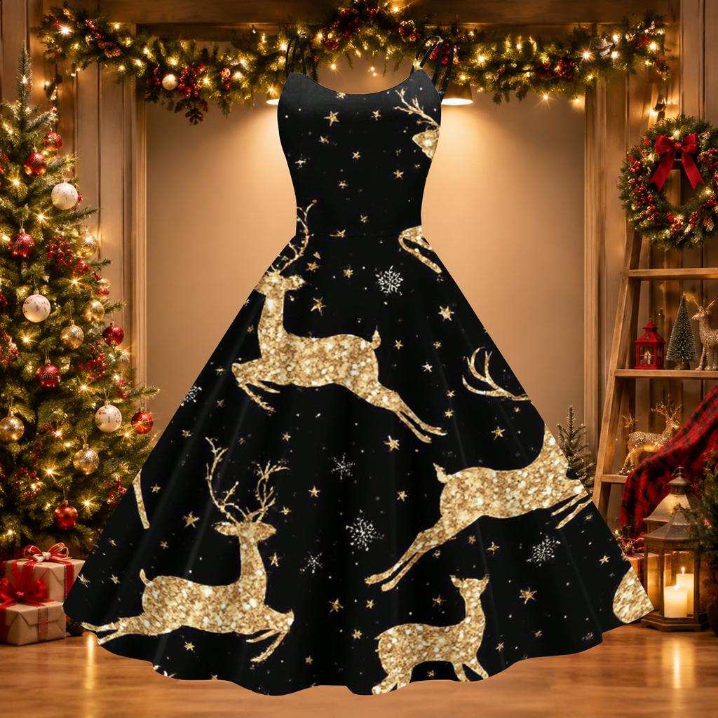 Vestito Sexy Retro a Spalle Scoperte con Stampa Natalizia da Donna per Celebrazione delle Feste