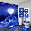 Set de Baie Romantic cu Delfini și Inimă, Tematică Oceanică - Perdea de Duș Impermeabilă, Capac pentru Vasul de Toaletă, Covoraș de Baie și Covoraș Conturat