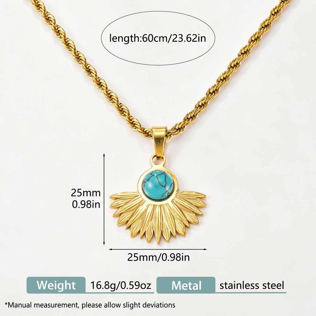 Golden Fan-Shaped Turquoise Stainless Steel Necklace - European & American Retro High-End Jewelry