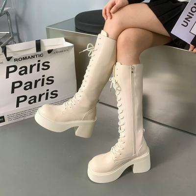 Scarpe da Donna di Alta Qualità 2024 Stivali da Donna con Cerniera Laterale Stivali da Donna alla Moda con Allacciatura Incrociata Nuovi Stivali Alti al Ginocchio con Punta Rotonda