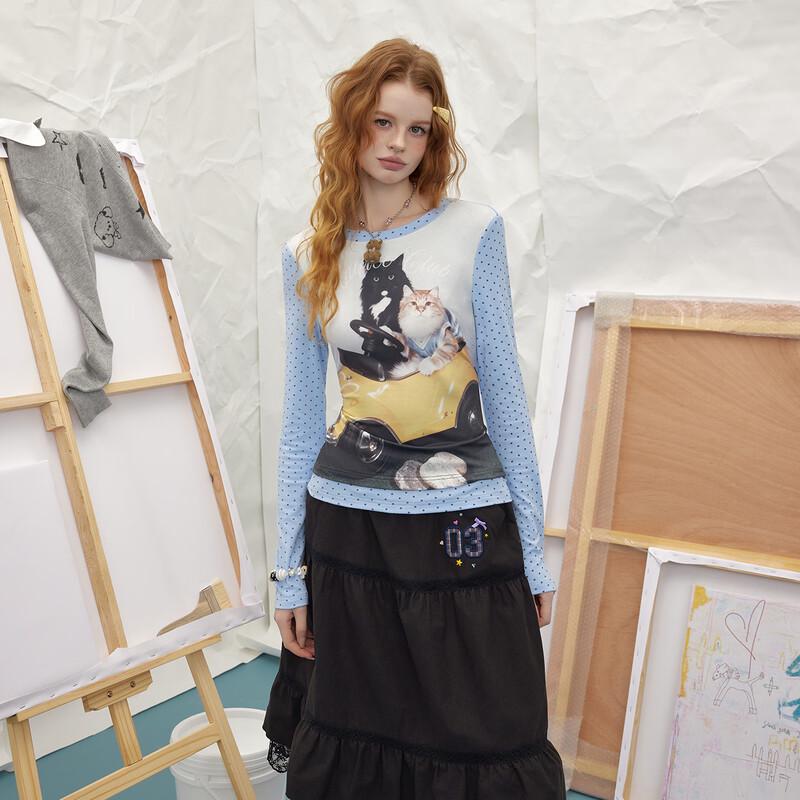 UNIFREE Faux Two-Piece Colorblock Printed Long Sleeve T-Shirt