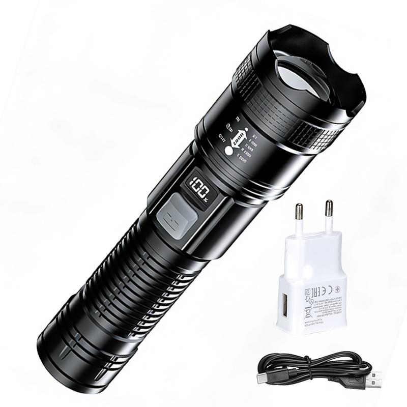Super Bright LED Flashlight with Battery Display Rechargeable Light Telescopic Zoom Torch Lamp Outdoor Camping Fishing Lantern