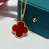 18K Gold-Plated V Design Four-Leaf Clover Necklace with Rose Red Chalcedony, Agate, and White Shell Pendant