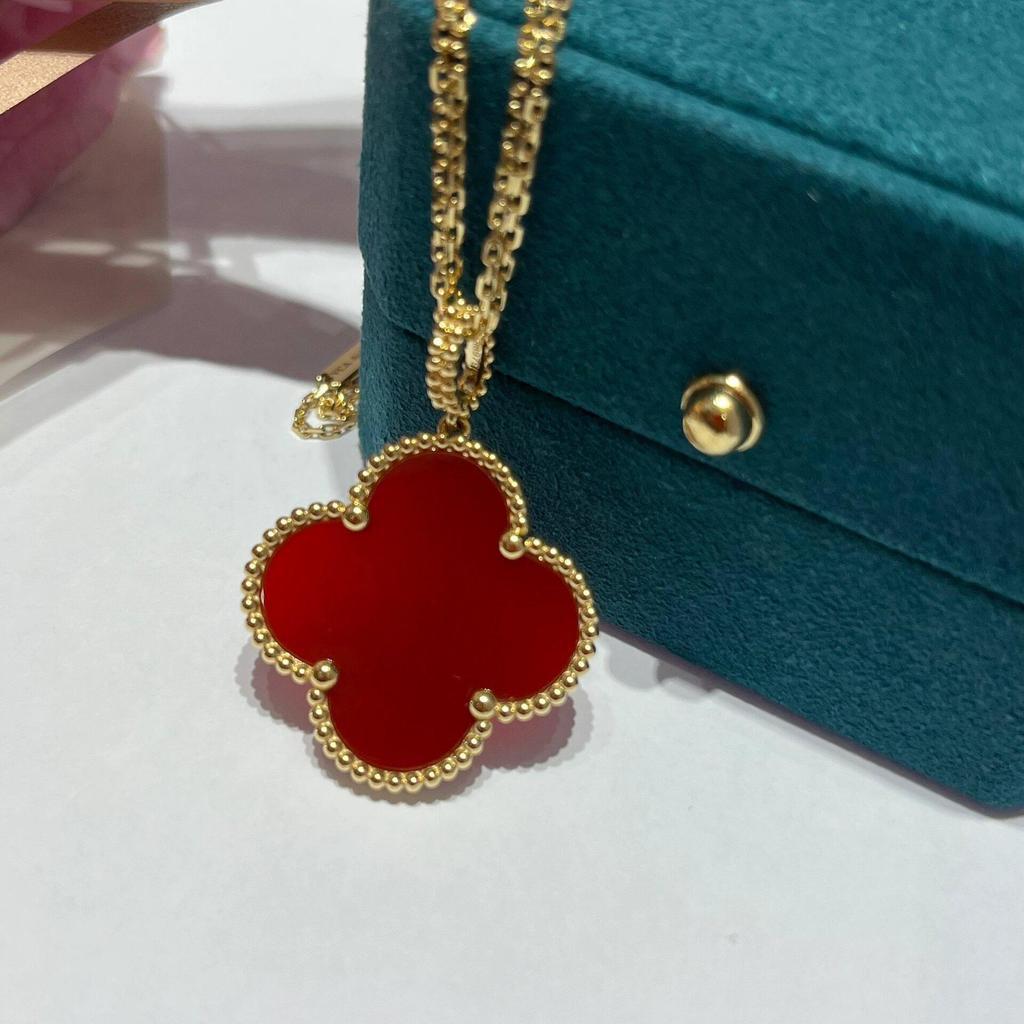 18K Gold-Plated V Design Four-Leaf Clover Necklace with Rose Red Chalcedony, Agate, and White Shell Pendant