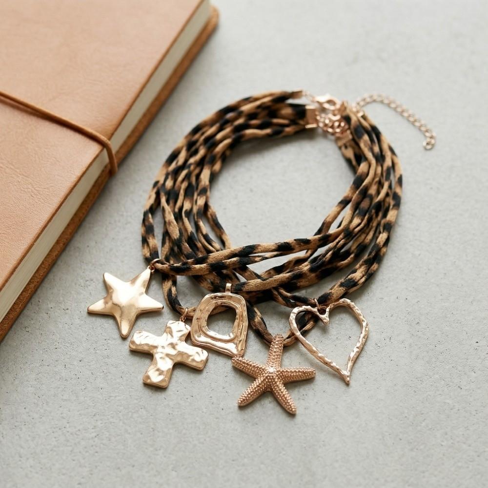 Charm Starfish Pendant Necklace Bohemia Style Leopard Cloth Strip Necklace Leopard Choker  Vacation