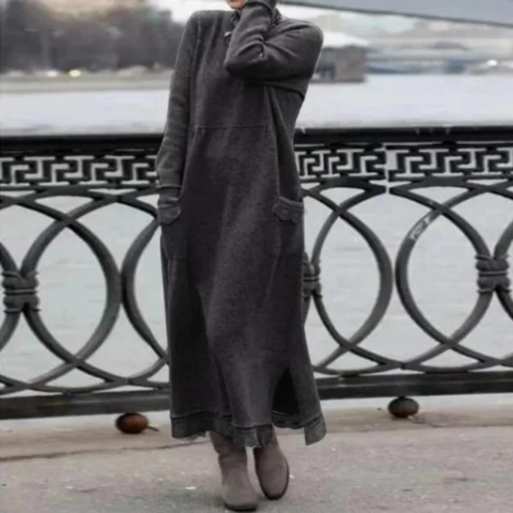 Yeni Sonbahar ve Kış Gevşek Uzun Etek Artı Kadife Sweatshirt Günlük Elbise Kadın Moda Düz O Yaka Uzun Kollu Tatil Elbisesi