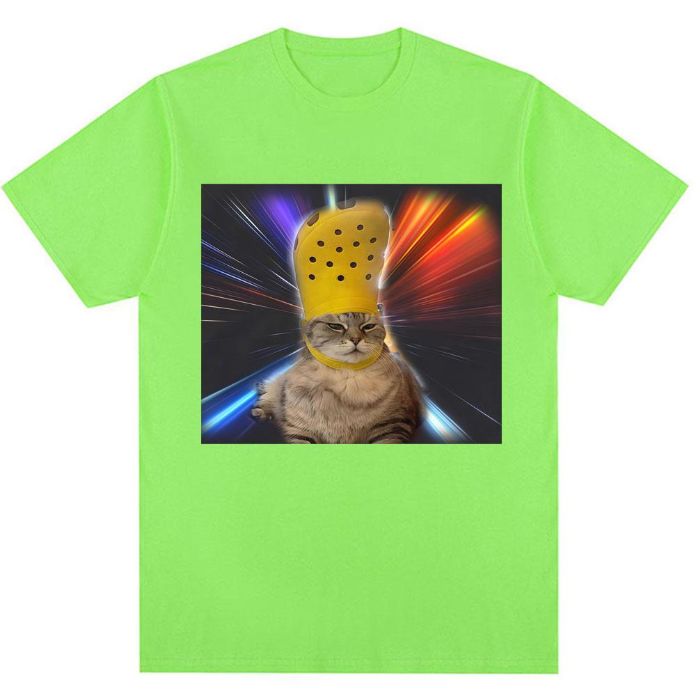 Funny Cat with Croc on Its Head Meme T Shirt Men Women Humor Popular Joke T-shirts Personality Oversized Cozy Cotton O-Neck Tees