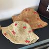 Kids Cotton Straw Wide Brim Bucket Hat Summer Cherry Decorated Beach Sun Protection Shade Cap For Girls Boys