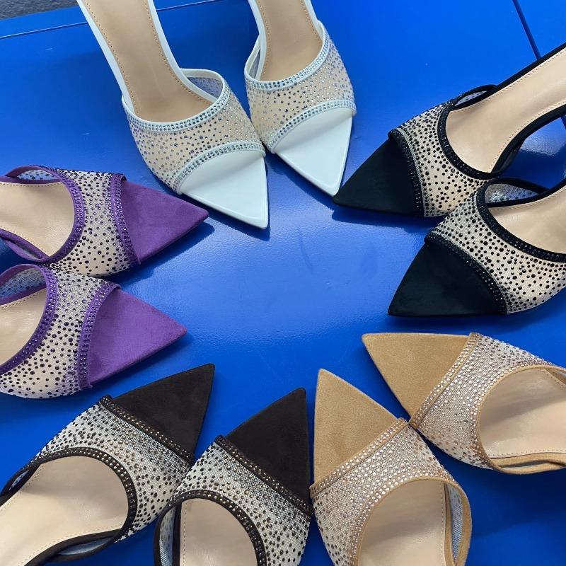 Summer Women's High Heel Sandals Stiletto Mesh Diamond Pointed Open Toe Slippers Outdoor High Heel Slippers