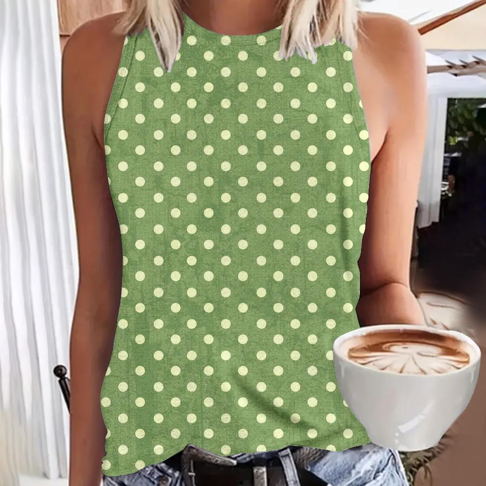 Women's 3D polka dot printed sleeveless T-shirt, round neck off shoulder retro casual vest, Y2K sleeveless top, T-shirt, women's clothing