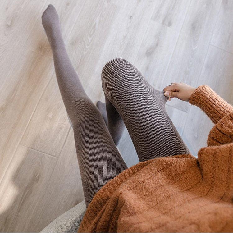 Women's Imitation Cashmere Plus Size Fleece Lined Thickened Ribbed High Waist One Piece Thermal Pantyhose Leggings with Hip Lifting Effect