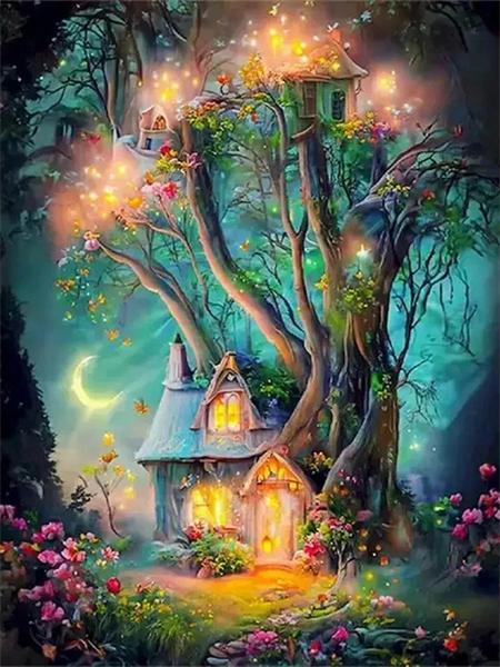 5D DIY Diamond pictură casă în copac complet pătrat rotund broderie mozaic peisaj fantezie lucrat manual acasă decor