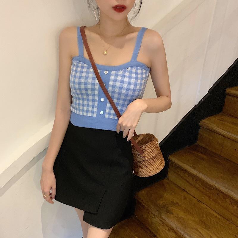 Internet Celebrity Beauty Back Short Plaid Knit Halter Vest Female Summer with A Bottom Crop Top To Wear Outside