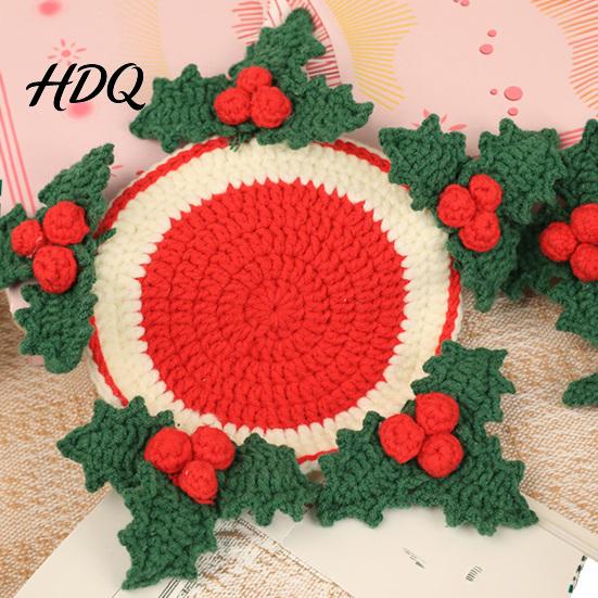 Festive Christmas Home Decor Crochet Cup Coasters with Mini Basket Handmade Holly Plants Soft Yarn for Hand Knitting Berries Mat Set Drinks Tabletop