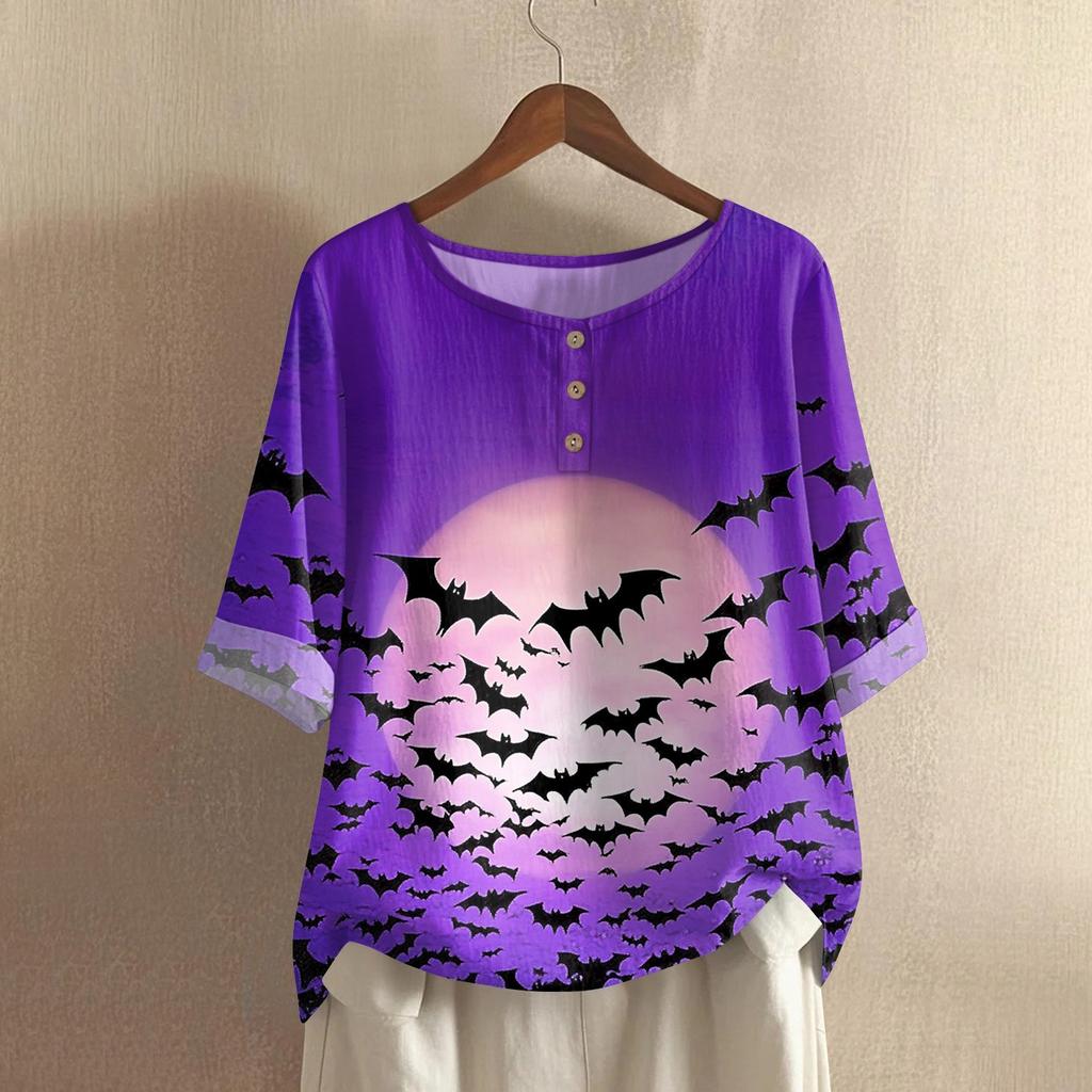 Damen Modisches Und Lässiges Shirt Halbarm Rundhals Print Baumwolle Und Leinen Bluse Top