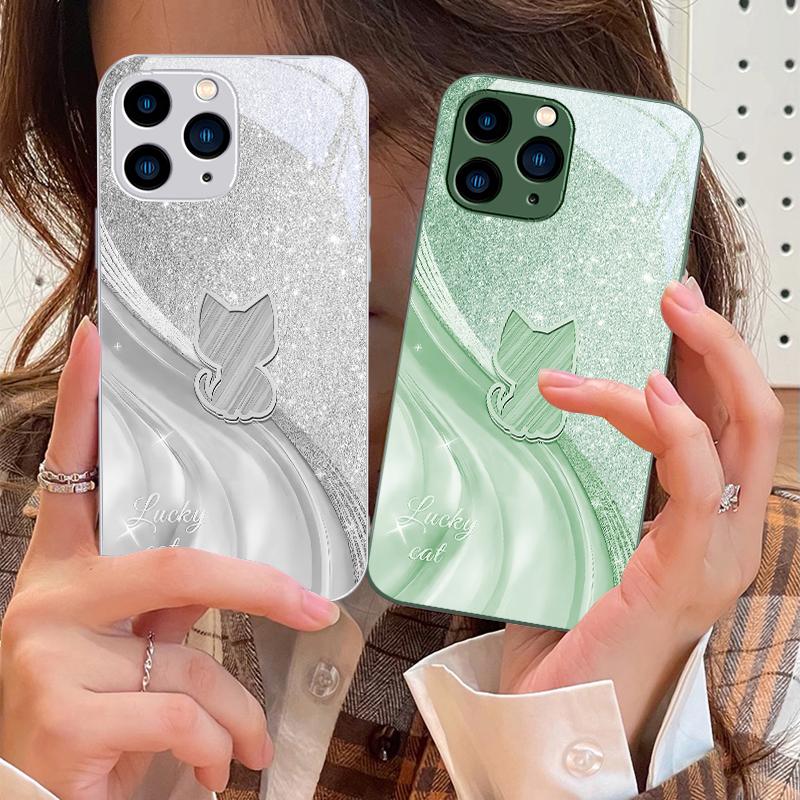 Sparkling Diamond Cat For IPhone 16 Pro Max 15 Pro 14 13 12 Mini 11 XS Max XR 7 8 Plu SE 2022 Tempered Glass Phone Case