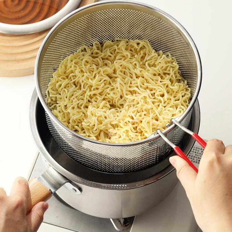 Professional Kitchen Fryers Set with Lid Strainer Basket and Cooking Tongs Wood Handle for Heat Protections Home Use