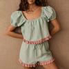 2025 Cross-Border European and American Summer Casual Waist Bubble Short Sleeve Frill Shorts Set Two Piece Women Can Be Home