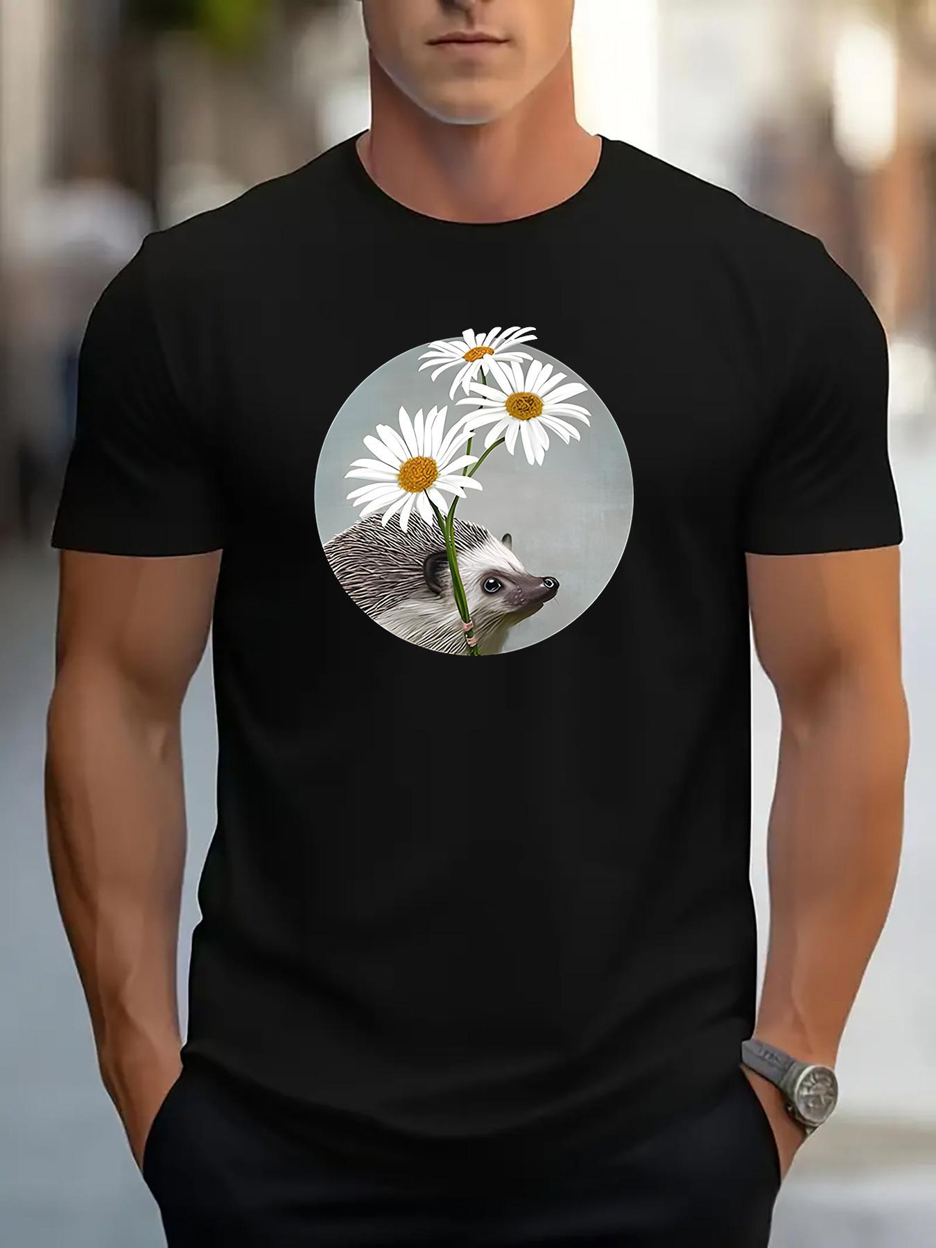 Casual Crew Neck T-shirt with Daisy and Hedgehog Print S