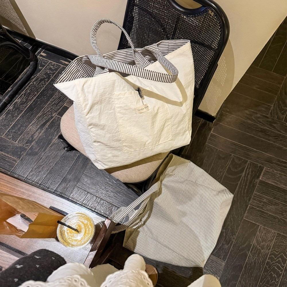 Large Capacity Canvas Shoulder Bag Striped Shopping Handbag Versatile Double-Sided Tote Bag  Travel