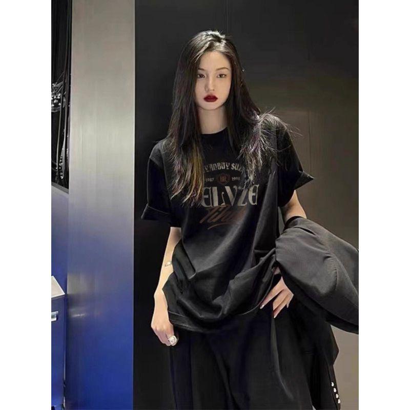 

Plus-Size Trendy Brand Short-Sleeve T-Shirt for Women, Summer New American-Style Loose and Casual Pure Cotton Unique Top Black M [Recommendation 40-50kg]