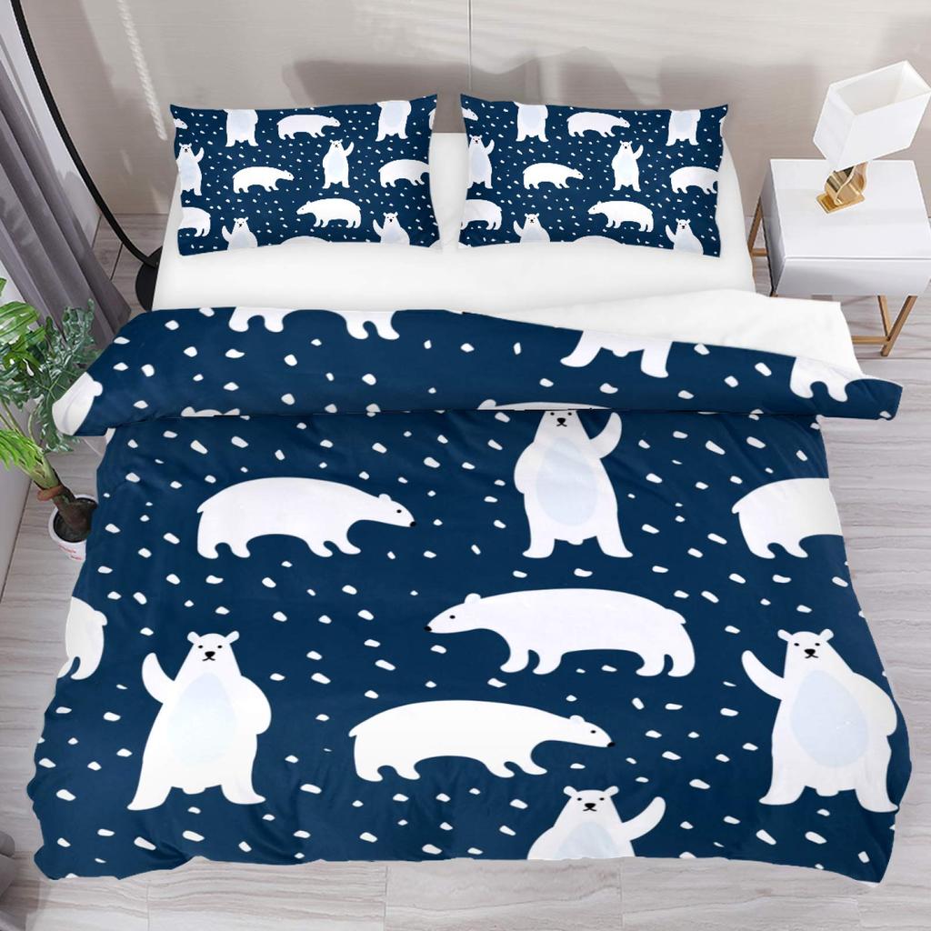 Bear Pattern Bedding Set Polar Bear Duvet Cover for Child Adult,White Bear Snow Mountain Sunset Soft Microfiber Comforter Cover