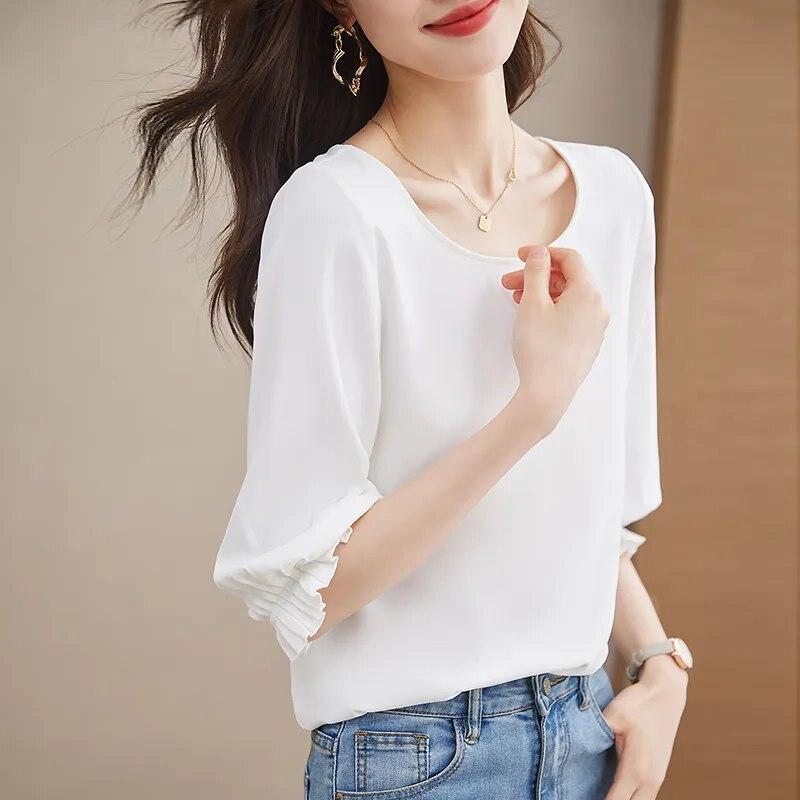 Moda șifon și gât O Cămăși pentru femei Topuri cu mâneci trei sferturi Bluze pentru damă de birou alb Îmbrăcăminte pentru femei 29467