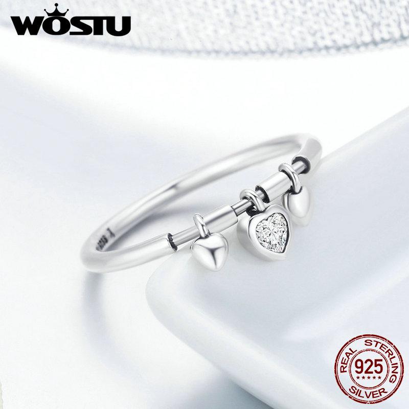 WOSTU Genuine 925 Sterling Silver Dazzling Dangle Heart Finger Rings for Women Luxury Sterling Silver Jewelry Anel CQR215