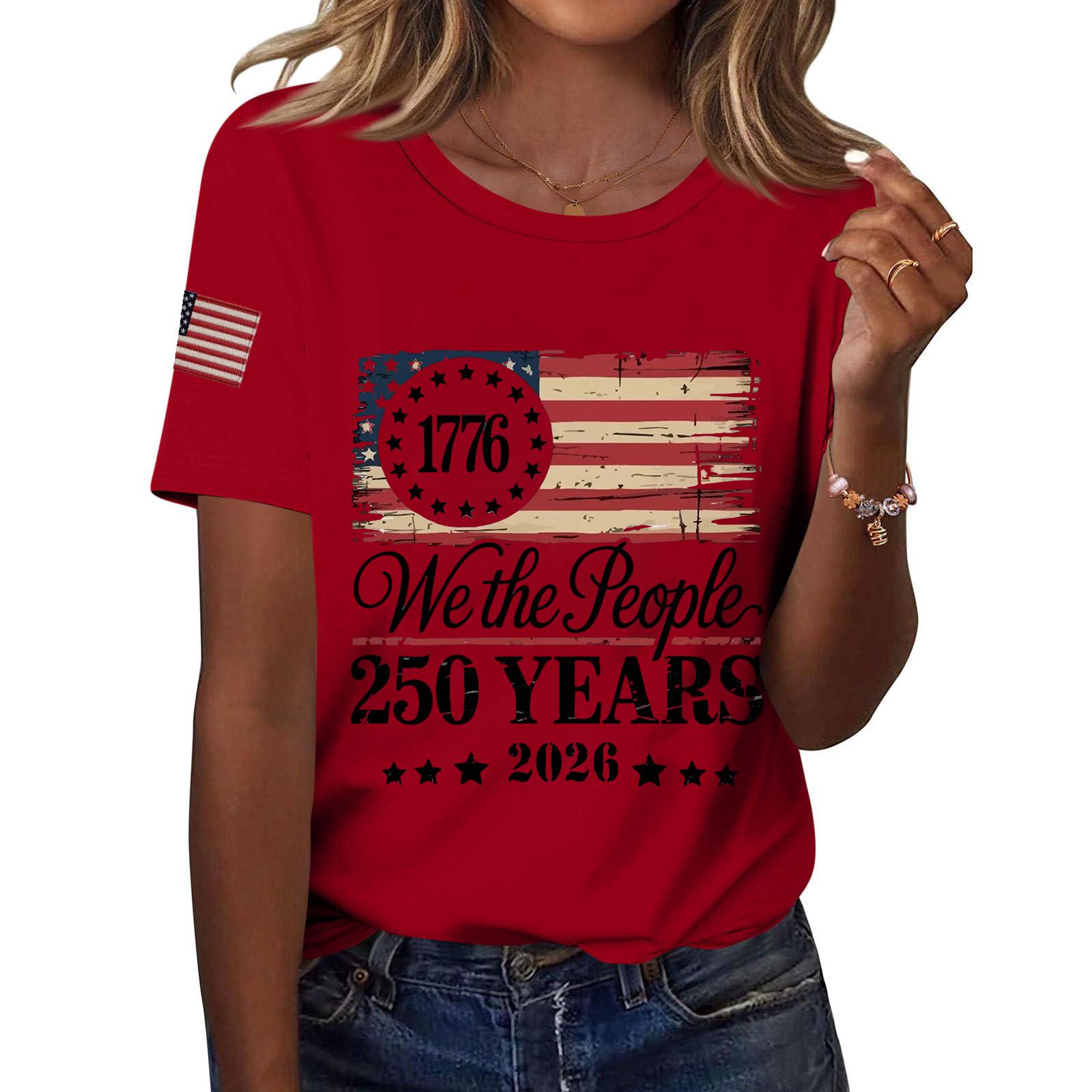 

Women Casual Independence Day Print Crew Neck Short Sleeve T-Shirt Top Lightweight Comfortable Fit Stylish Design Summer Wear XXL червоний