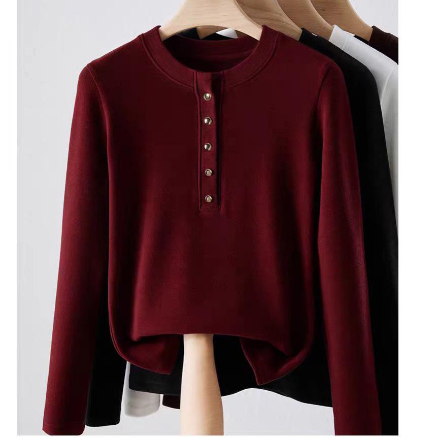 Women's 270g Slimming Long-Sleeve Fleece T-Shirt, Spring/Autumn 2025 Style, Button-Up Round Neck