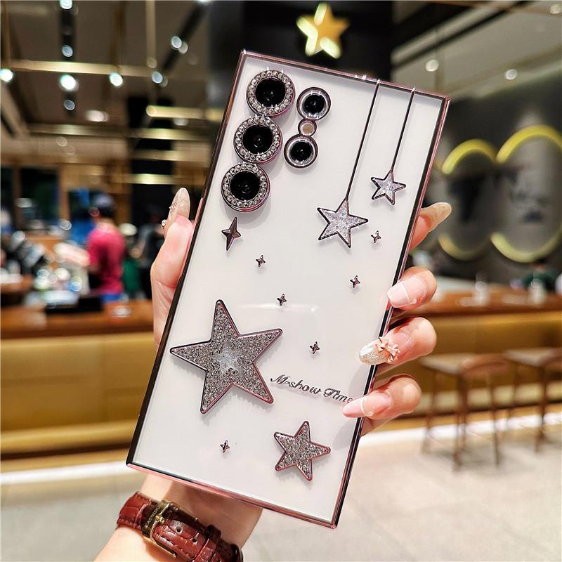 Applicable To Samsung S25Ultra Electroplating Mobile Phone Case Three-dimensional Star Rhinestone Tpu Gradual Change Glitter S23Ultra Soft Case