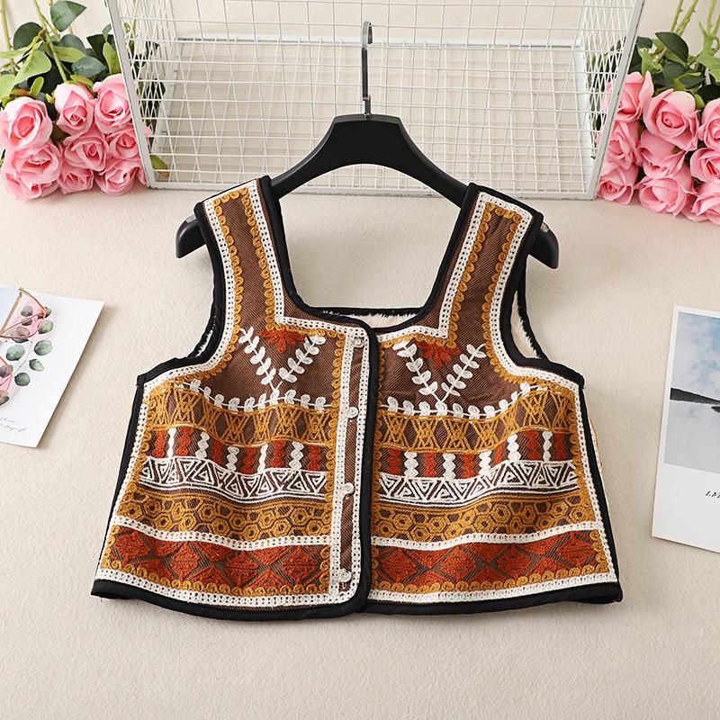 Womens Corduroy Vest With Embroidered Floral Warm Fleece Lined Short Sleeveless Outdoor Camping Waistcoat