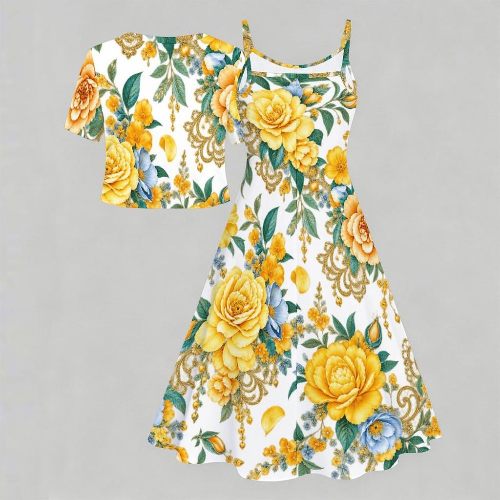 Women Plus Size Floral Printed Two Piece Set Short Sleeve Tie Front Shrug Strappy Flared Dress