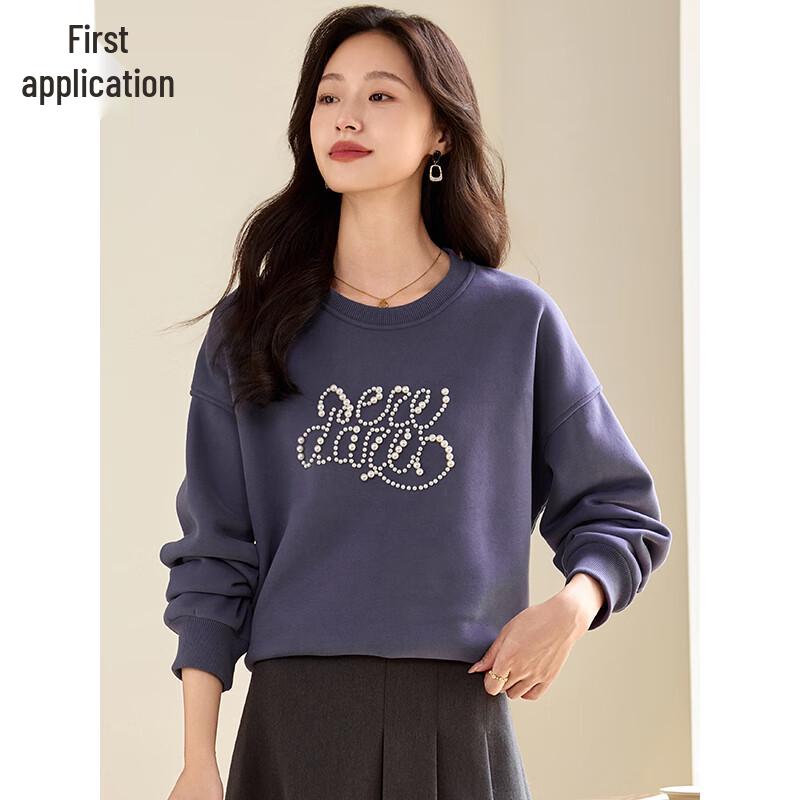 Women's Fleece-Lined Pearl Embroidered Round Neck Sweatshirt