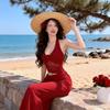 Pure Desire Sexy Red Waist Neck Dress Women 2026 New Beach Seaside Vacation Wear Long Dress