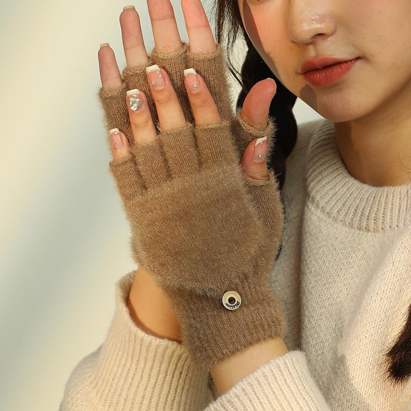 Koreanische Mode Einfarbige Halbfinger-Klapphandschuhe Warm für Damen im Winter Kältefest Verdickt Doppelzweck Wolle Gestrickt