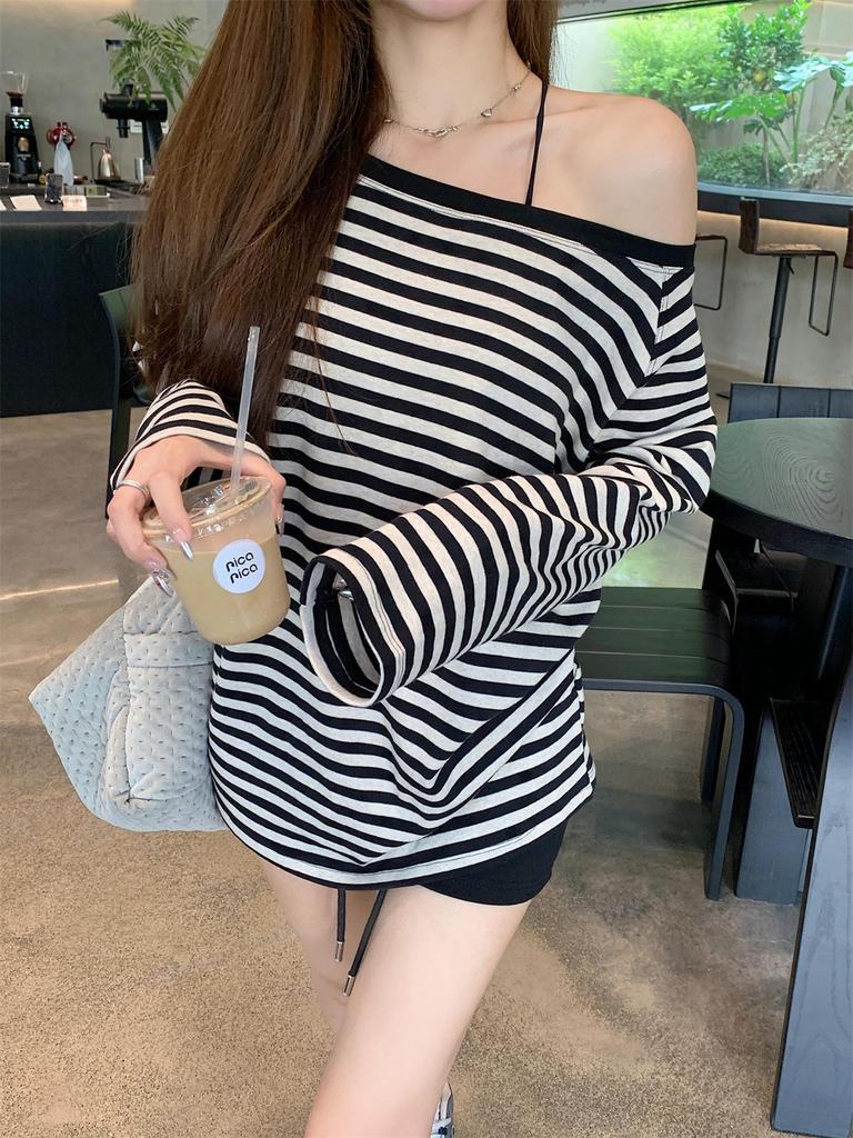 Early Autumn Korean Style Loose Striped Raglan Off-Shoulder Cotton Long Sleeve Women's Top