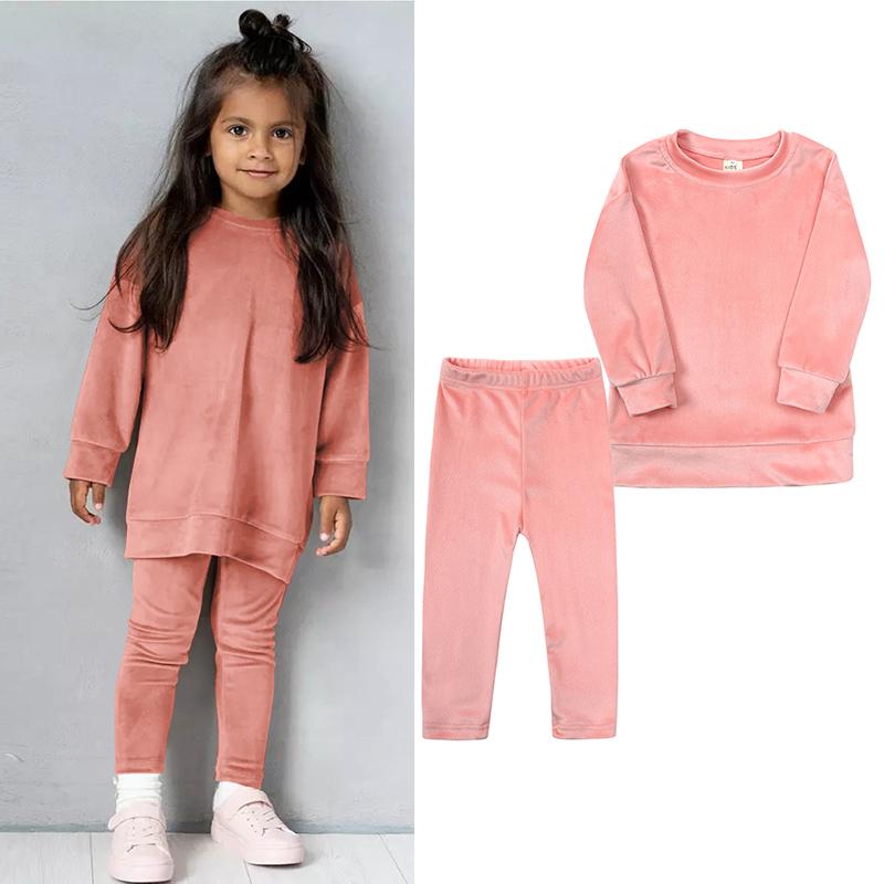 Autumn Winter Kids Girlcasual Gold Velvet Two-piece Set Long Sleeve Pants Solid Clothes for Infant Toddler Pullover Sweatshirt Set Teenage Outfits