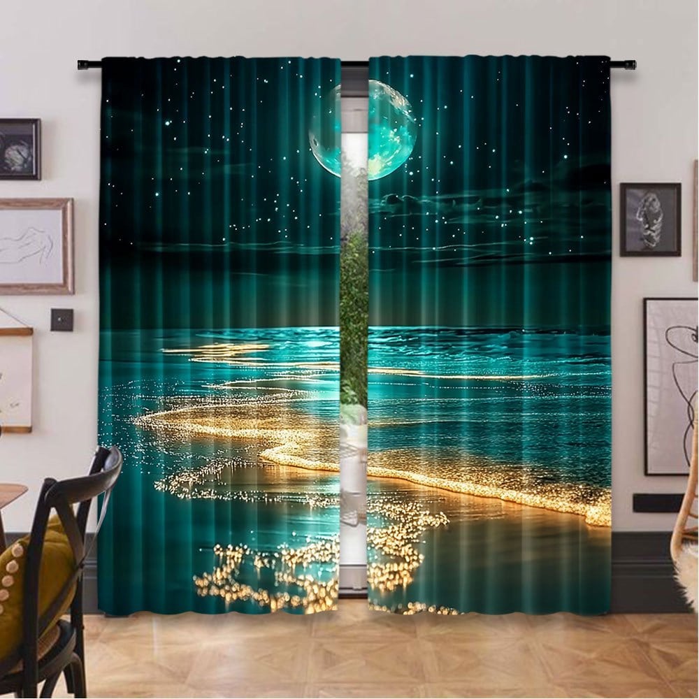 

2 pieces of Beach, ocean, Moon printed curtains, pole bag curtains 42*84, home decoration, room decoration 29Wx64L(75x166CM)x2