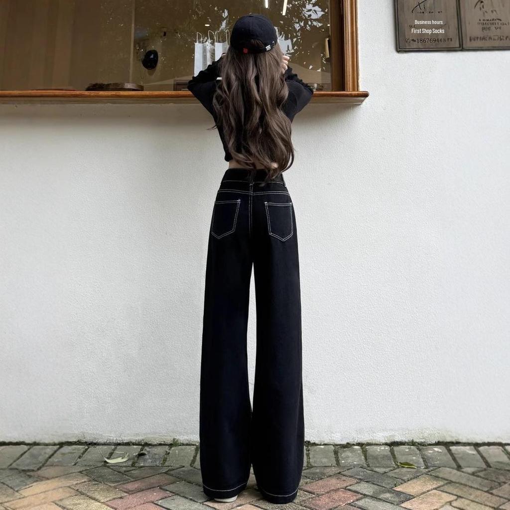 Women's Black Wide-Leg Jeans, 2025 Spring/Autumn: High-Waist, Buttoned, Slimming, Floor-Length, Straight Fit.