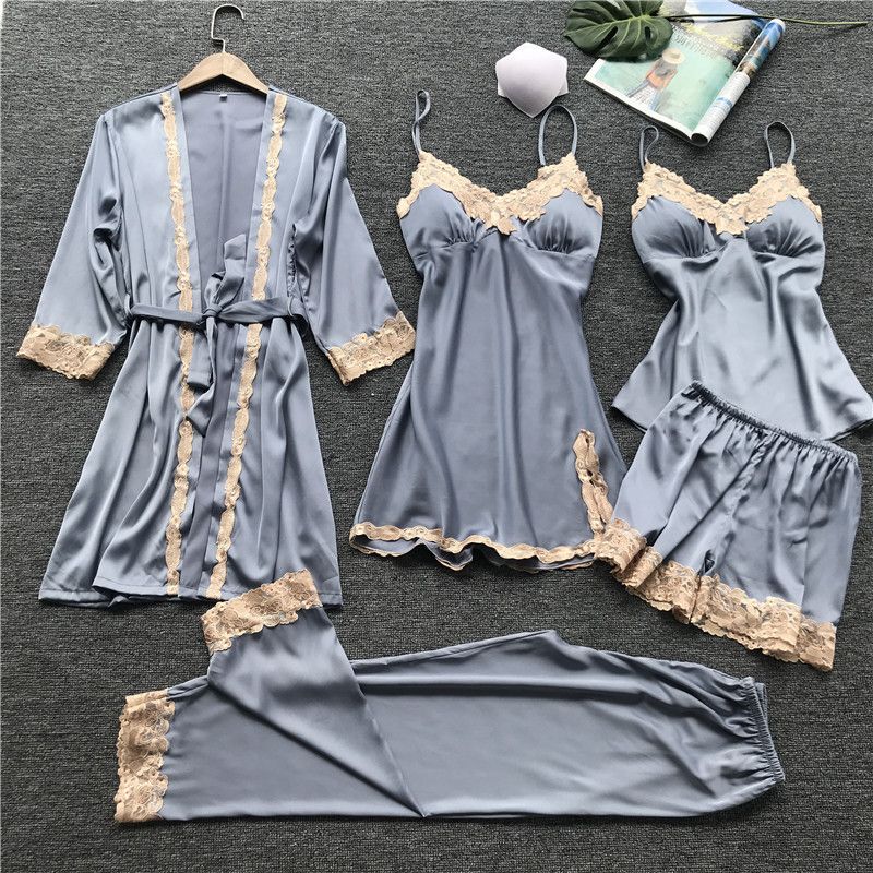 

Five-Piece Pajamas for Women V-neck Sexy Lace Autumn Trousers Pajamas Five-Piece Set Silver Gray XXL