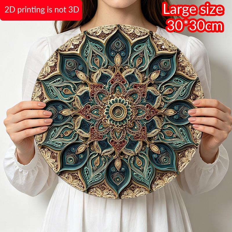 2D Flach, 1 Stück Runde Aluminium-Mandala-Dekorplatte, Aufwendige Ranken-Blumen-Ethnische Mandala-Kunst, Türkranz-Mittelstück, Ideal für Weihnachten, Diwali