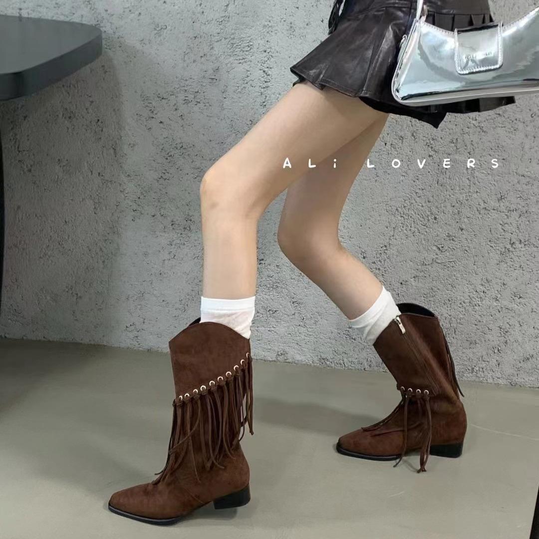 

Грубый каблук Ретро Острый носок Кисточка Модные Короткие Ботинки Женские V-образный вырез Узкие Грубый каблук Ковбойские Ботинки Ботинки средней высоты Женские 39 хаки