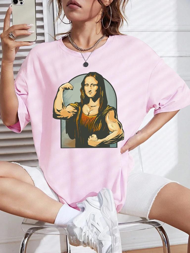 Playing Pranks on Mona Lisa Fitness Print Womens Unisex T Shirt Casual T-Shirt Casual Short Sleeve Loose Tshirt
