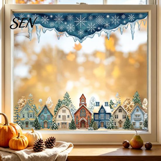 Winter Landscape Wall Decals Christmas Village Static Window Clings, Snowflake Snow House Removable Holiday Decor Stickers, for Xmas Shop Front